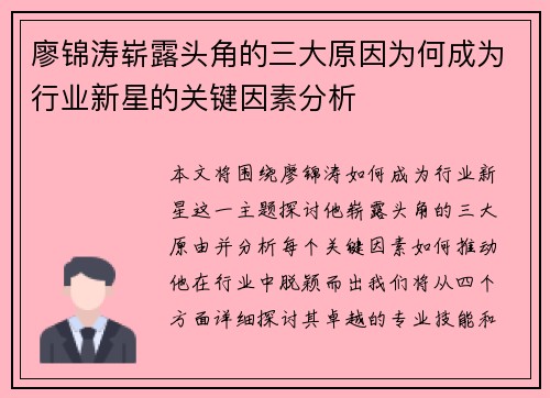 廖锦涛崭露头角的三大原因为何成为行业新星的关键因素分析